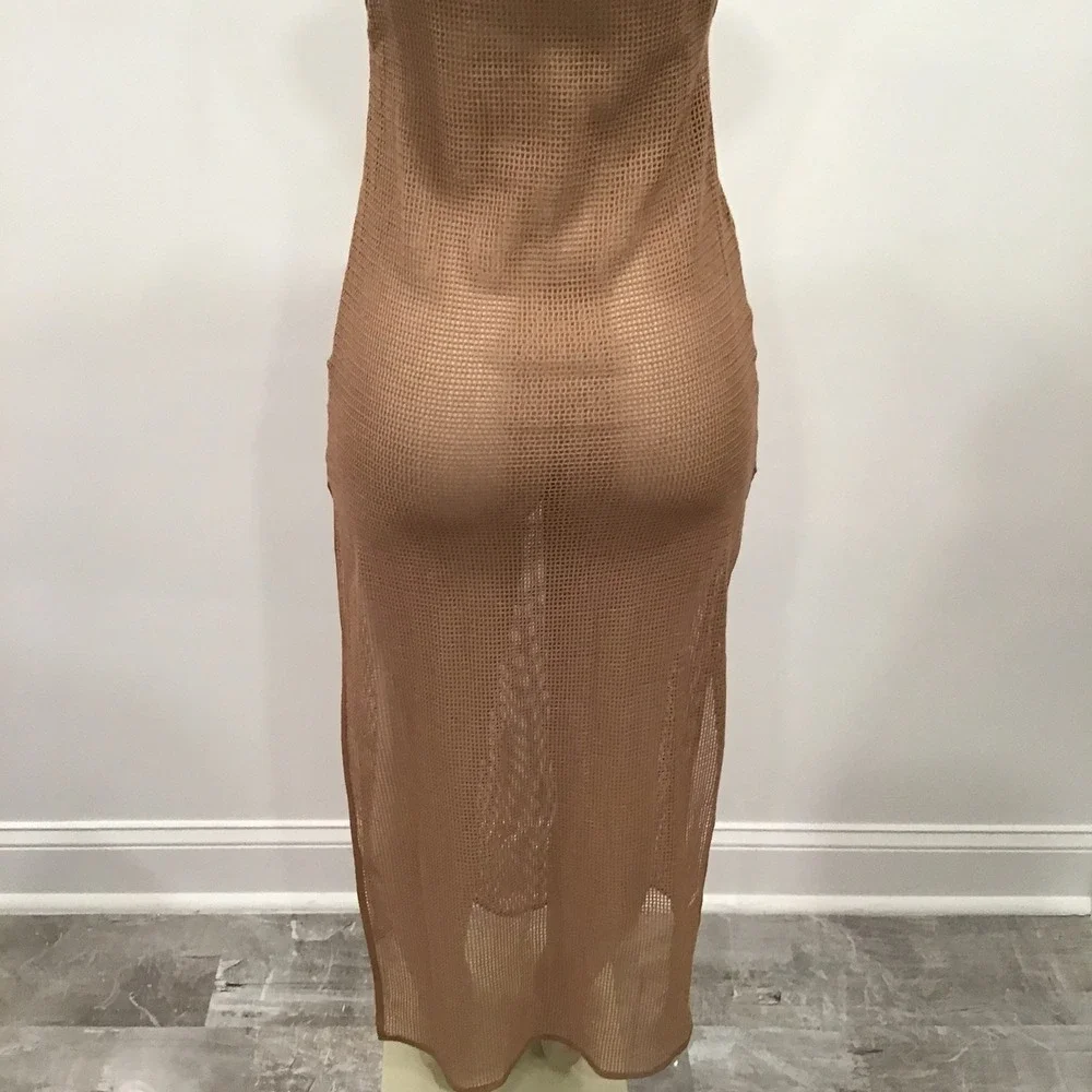 Sndys Paradise Maxi Swim Beach Coverup Nude Brown Crochet Netted Sheer SZ XS NWT